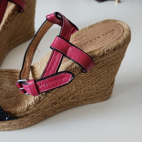 MARC JACOBS| Leather Raffia Wedge Sandals Espadrilles pink black sz 40 - Picture 4 of 6